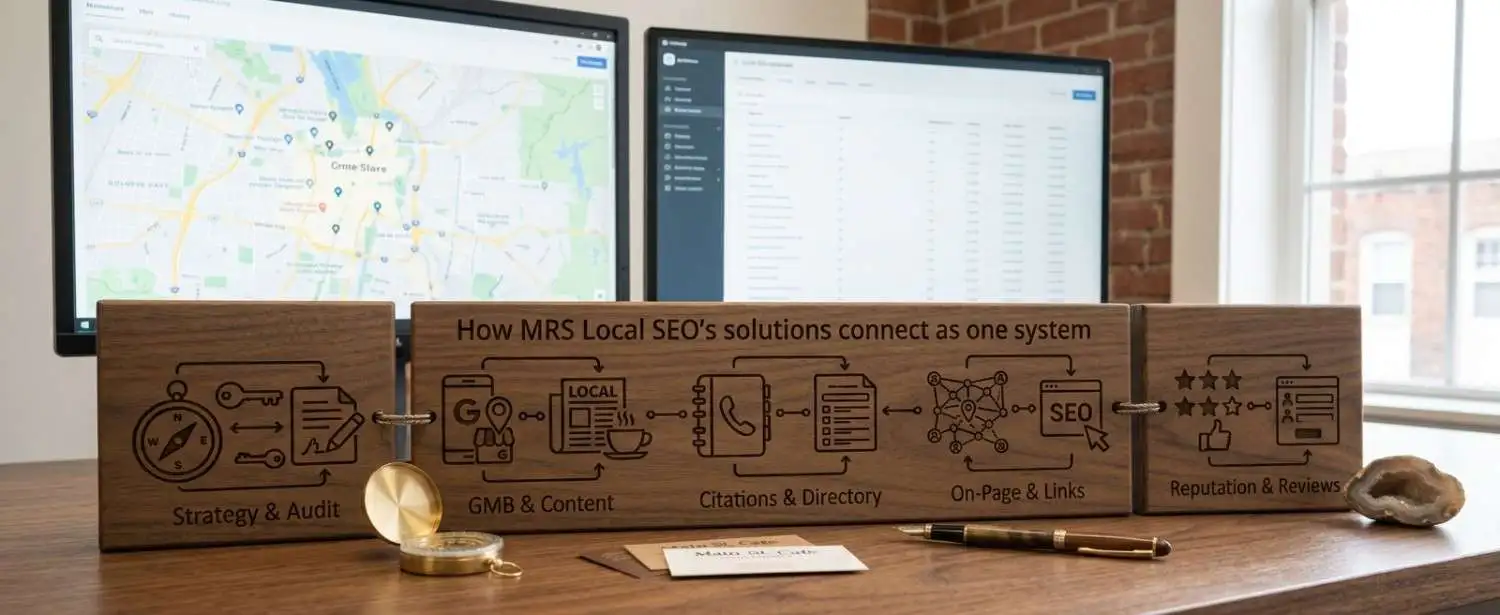 How MRS Local SEO's solutions connect as one system: strategy, audit, on-page, citations, links, and reviews